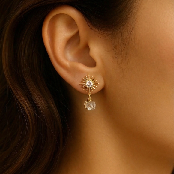 Gold Sunburst Drop Earrings with Clear Gemstone - Picture 2 of 2